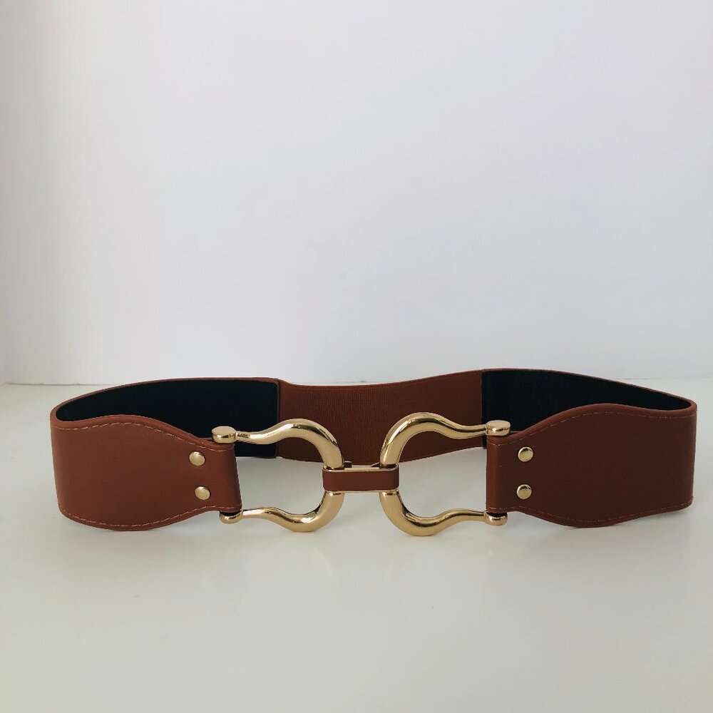 Saddle brown equestrian-inspired style faux leather wide stretch belt – small